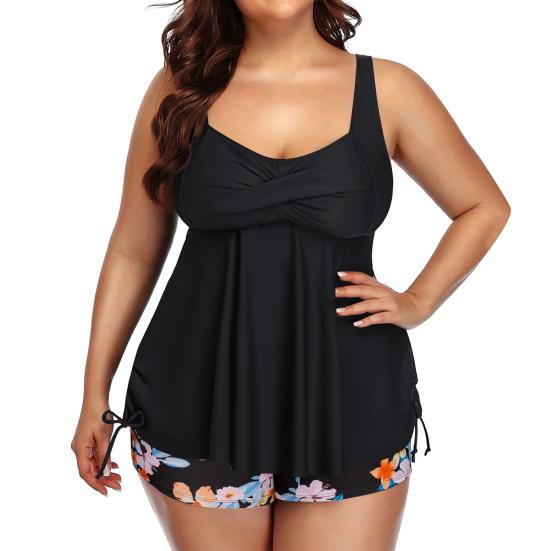 2 шт./компл. Купальник без рукавов с низким вырезом, эластичный, с высокой талией, большого размера, купальный топ, шорты с цветочным принтом, купальник
