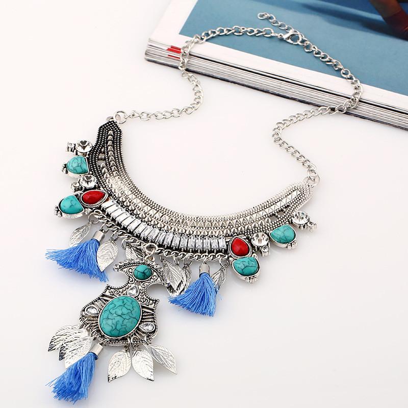 Ethnic Style Simulation Gemstone Decoration Women Necklace With Tassel Design For Art Lovers