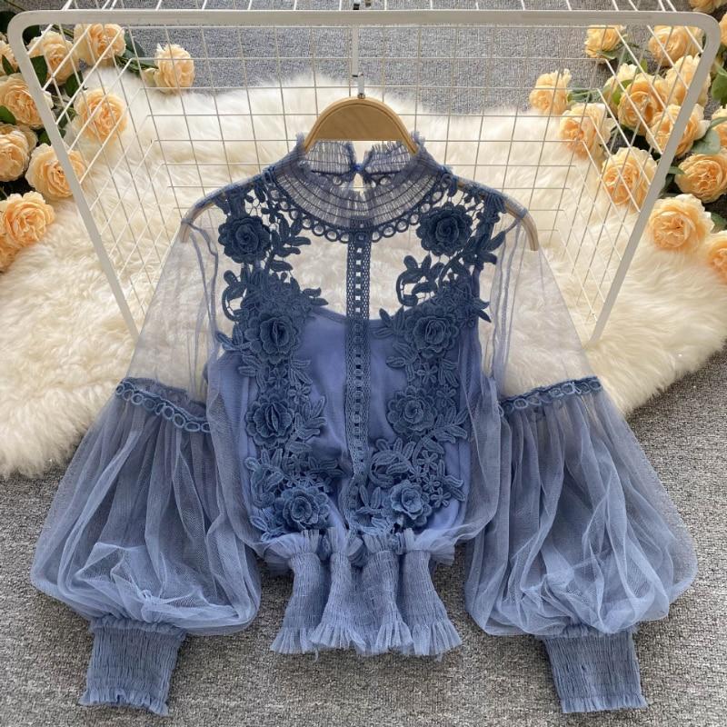 Elegant Floral Mesh Long Sleeve Short Blouse Sweet Women Lantern Sleeve Lace Shirts Ladies See Through Mesh Blouse Tops 25914