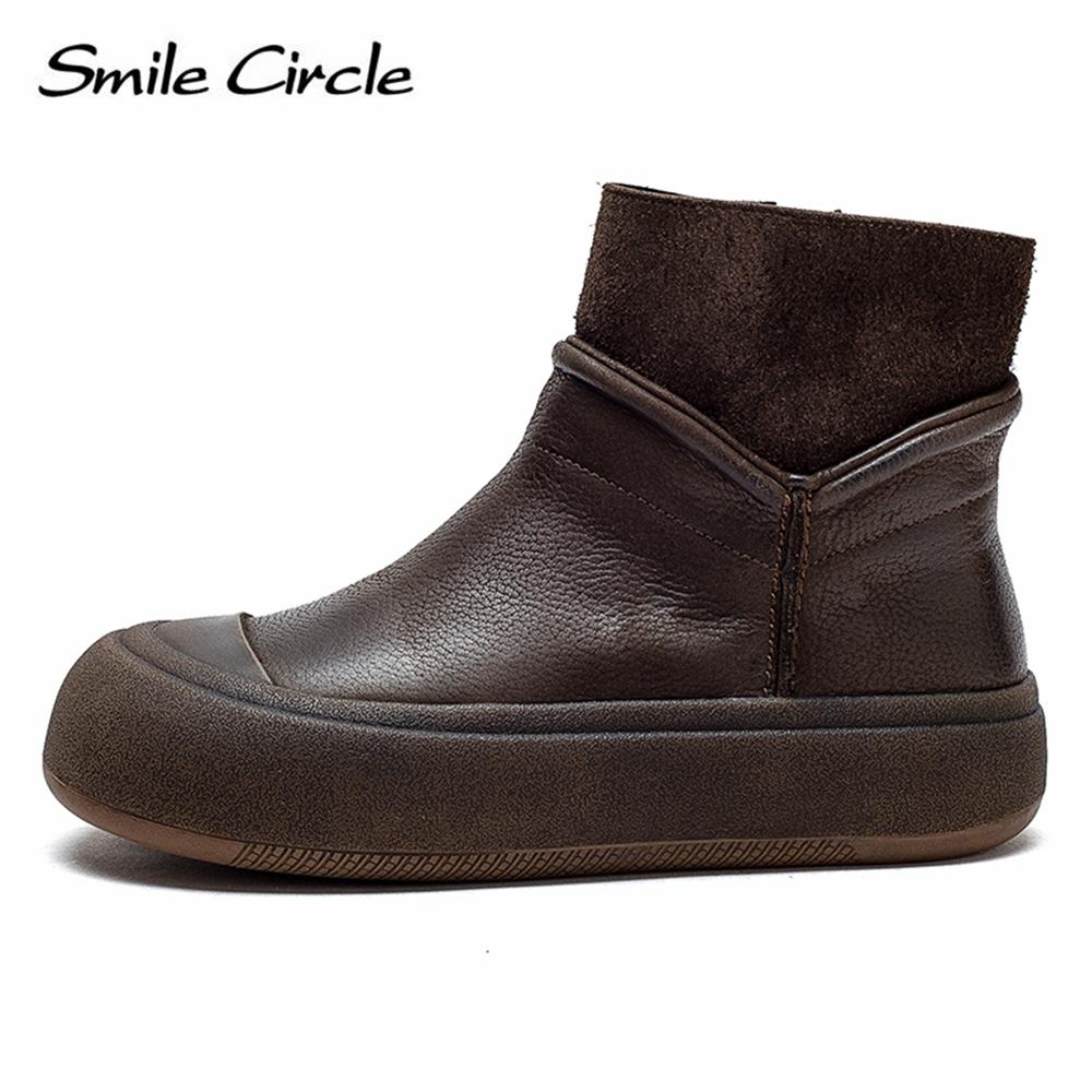 Женские ботинки из натуральной кожи, ботильоны с круглым носком и боковой молнией, модная повседневная обувь на массивном каблуке