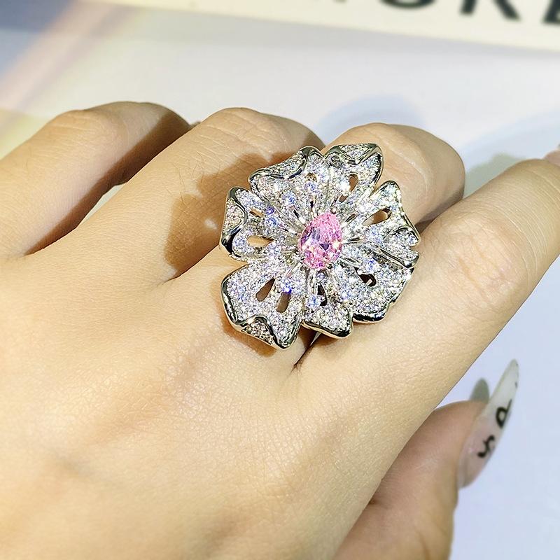 New Fashion Pink Diamond Flower Ring Female Open Simple Full Of Diamonds Micro-set AAA Zirconia Jewelry Cocktail Party Gift