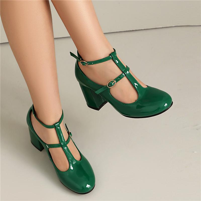 Women's High-heeled Single Shoes Spring and Summer New Thick-heeled Large-size Buckle Low-top Shoes