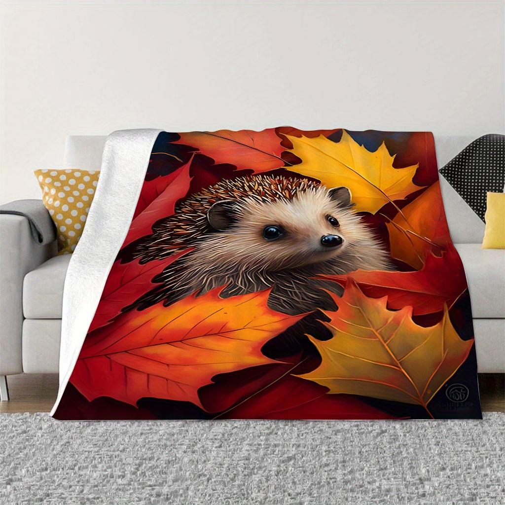 A Cozy And Warm Autumn Decoration Featuring a Hedgehog And Maple Leaves Flannel Blanket, Made of Soft Polyester with Digital Printing, Suita