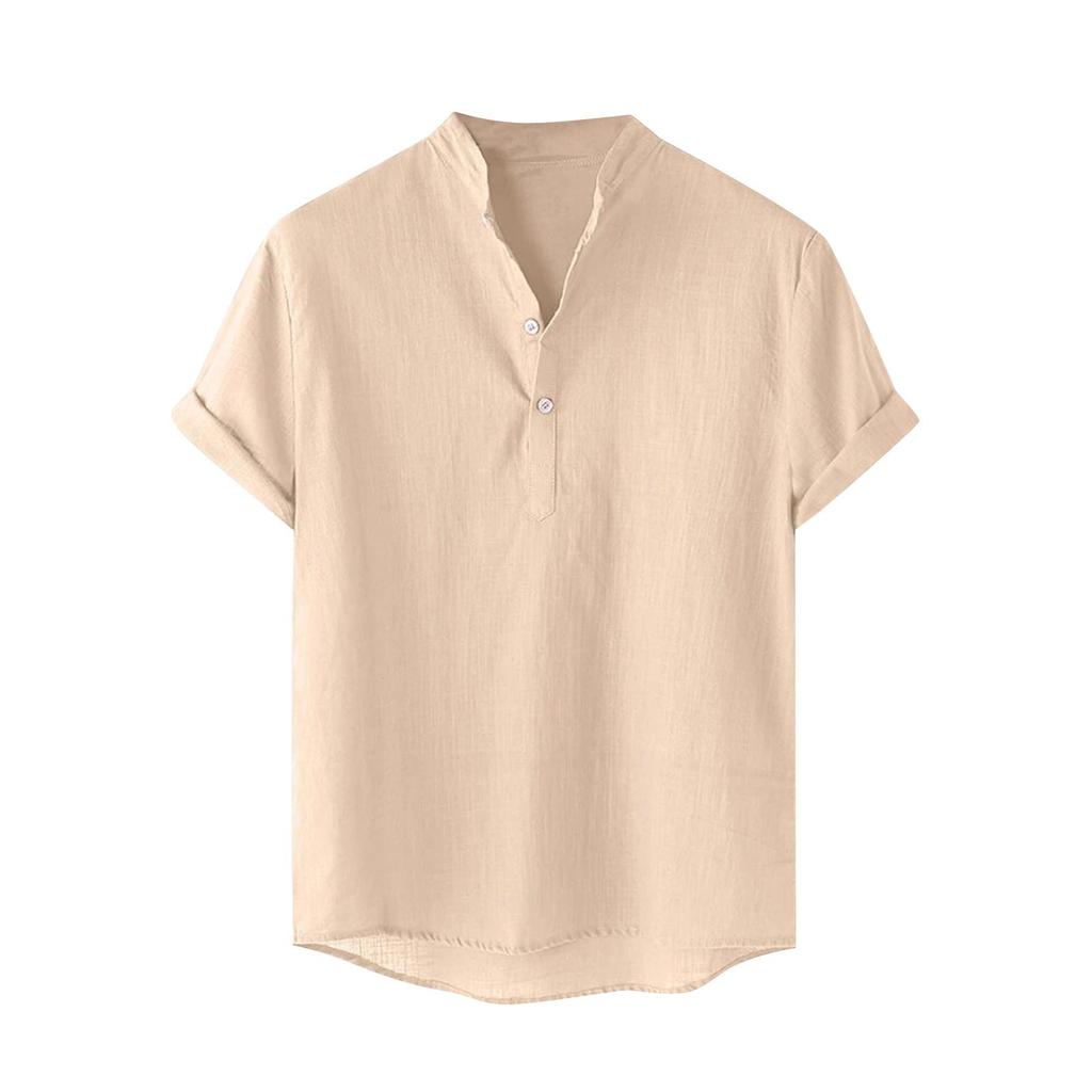 Men's Cotton Linen Shirt Regular Fit Short Sleeve V Neck Button Down Summer Shirt Beach T Shirts