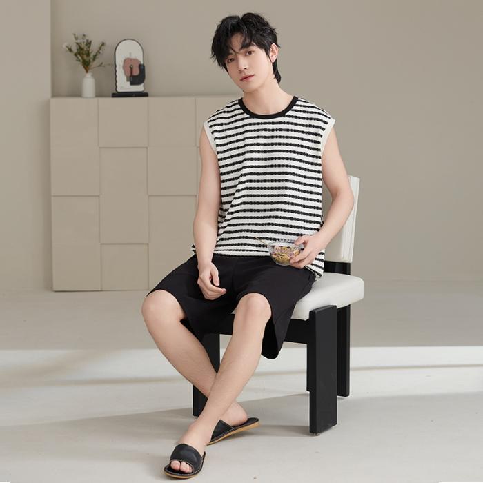 2025 летняя мужская пижама в полоску из чистого хлопка для отдыха с эластичным поясом для мальчиков, майки и шорты, мягкая пижама, домашняя одежда