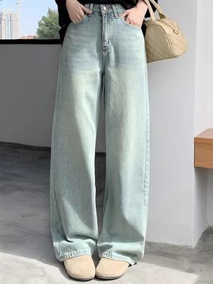 Женские 2024 летние широкие брюки с высокой талией, женские стираные узкие брюки, прямые брюки, модные светло-голубые многослойные джинсы
