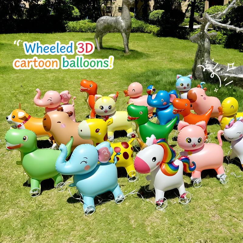 1Pcs Cartoon Animal Foil Balloon, Walking Standing Balloon With Wheels, Kids Birthday Party Decor, Baby Shower Accessories