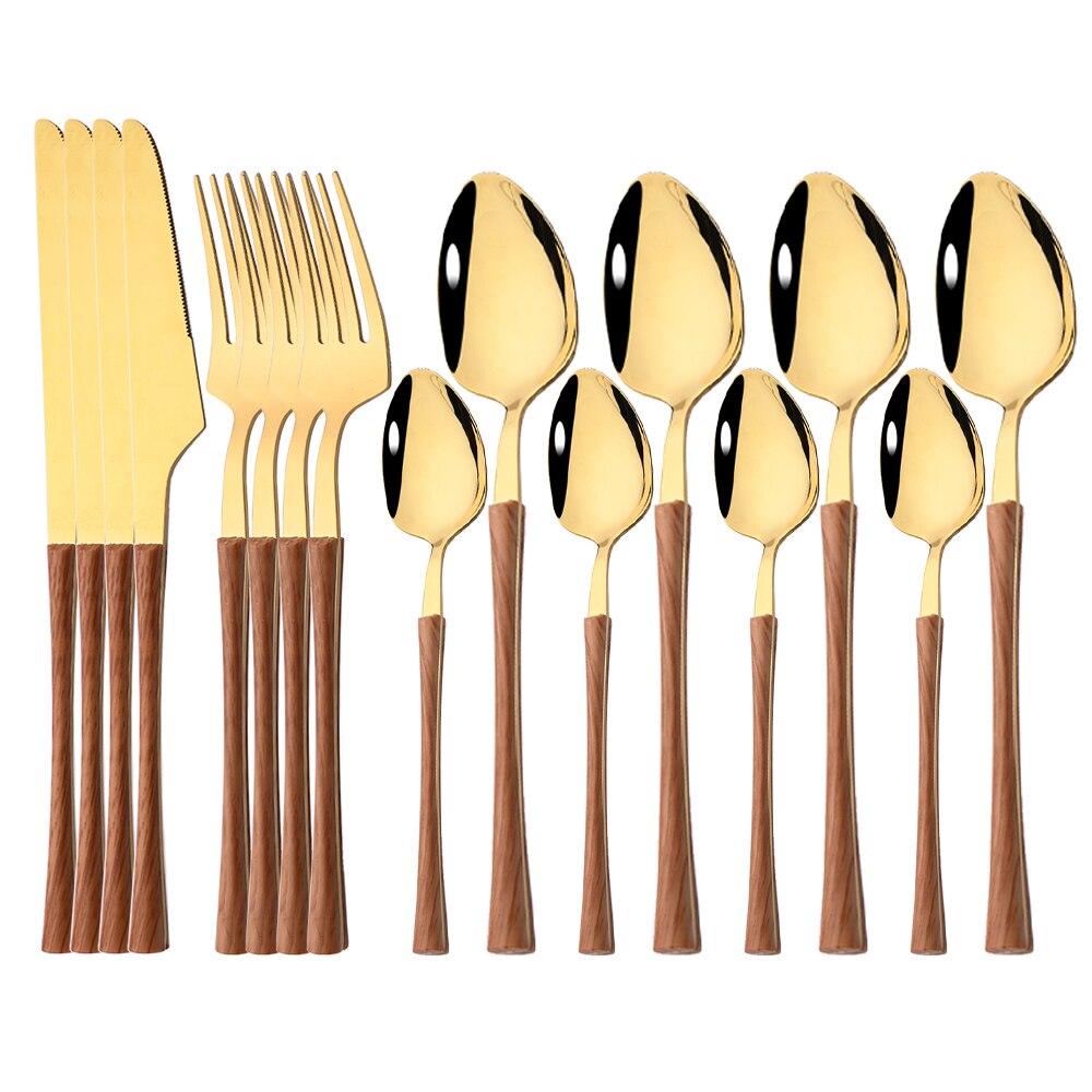 16Pcs Kitchen Cutlery Set Utensils Stainless Steel Fork Spoons Knife Teaspoons Dinnerware Tableware Sets Imitation Wooden Handle