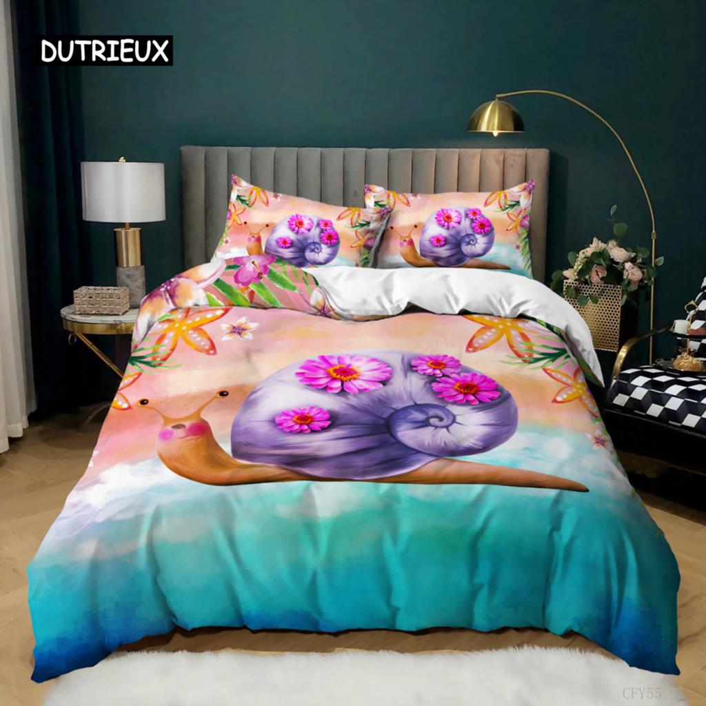 Snail Duvet Cover Set King Size Reptile Colorful Snail Comforter Cover Twin for Teens Adults Microfiber Animal Theme Bedding Set