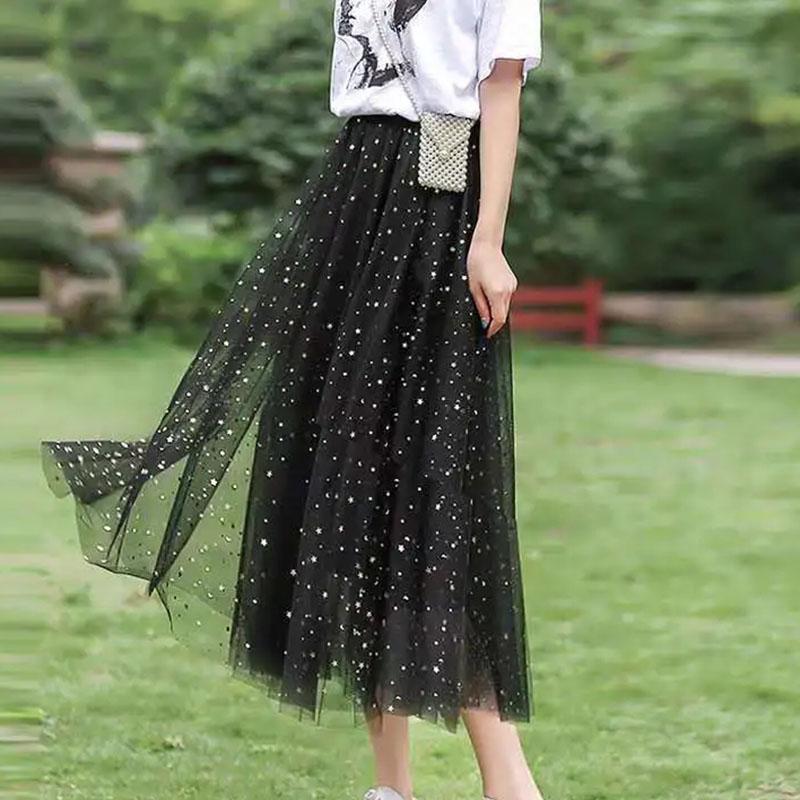 Women A-line Skirts Girls Elastic High Waist Slim Double-layered Gauze-lined Mesh Skirt Solid Color All-match Sequined Skirts