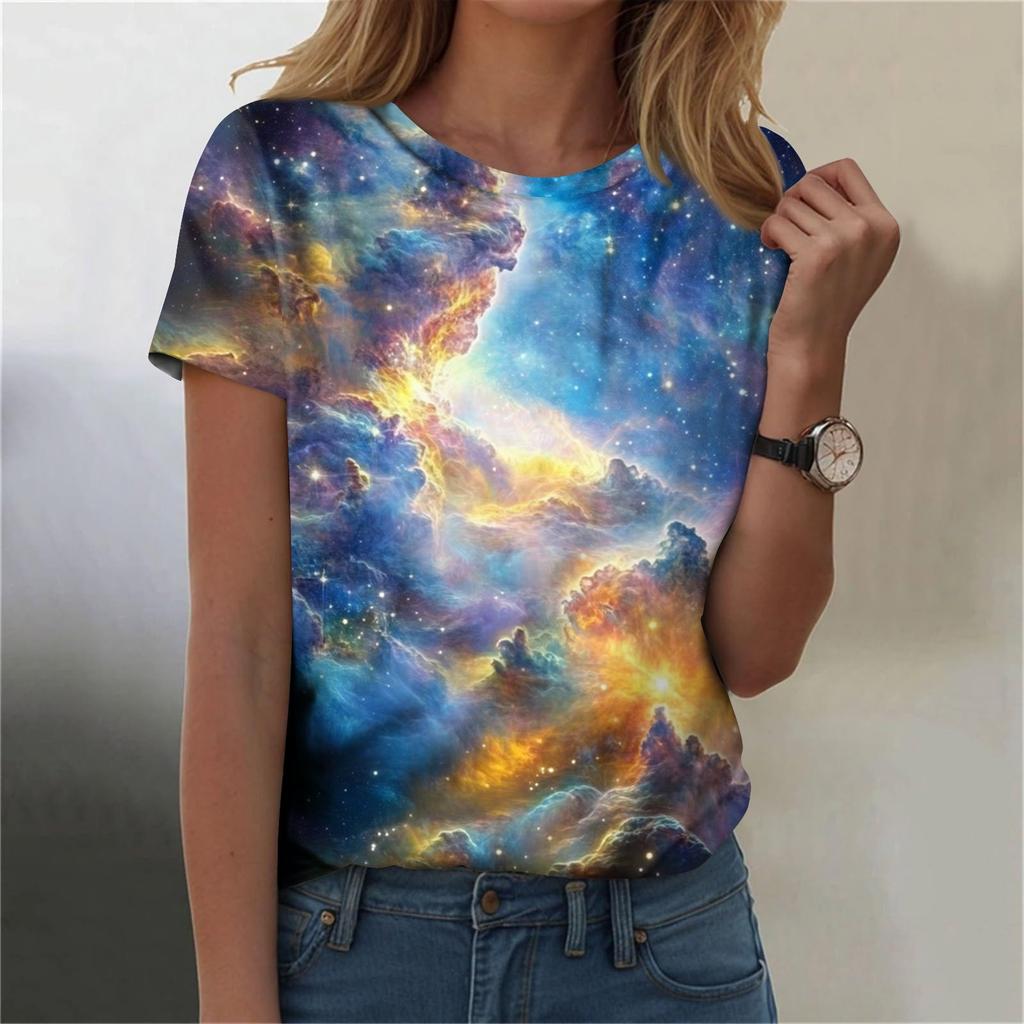 Женская мода повседневная футболка с круглым вырезом и короткими рукавами с принтом неба