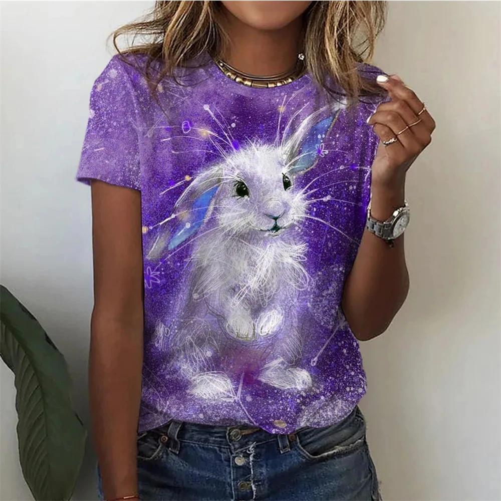 2024 New Popular Personality 3D Women's T-shirt Fun Cute Rabbit Print Ladies Short-sleeved Round Neck Top Refreshing Breathable