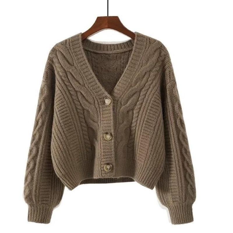 Retro Style Thin V-neck Knitted Cardigan Women's Short Sweater Twist Stripes Spring and Autumn Loose Thin Outer Fit
