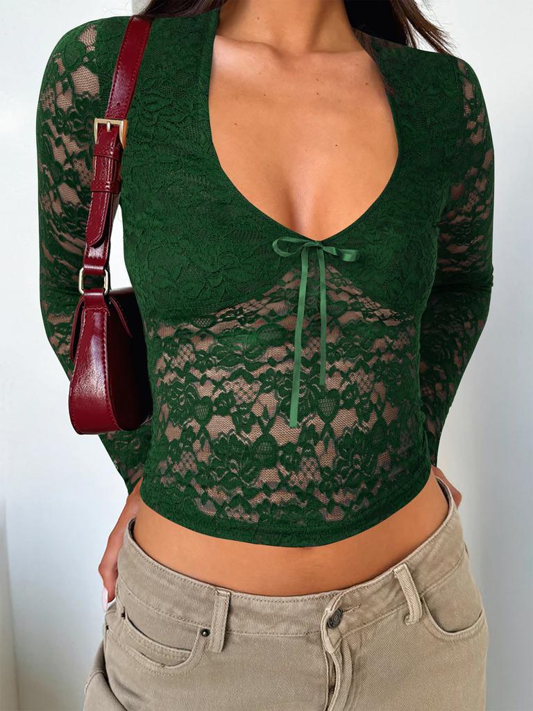 Женский y2k Сексуальный Ветрозащитный Приталенный Ажурный Топ-рубашка с Длинным Рукавом и Завязками