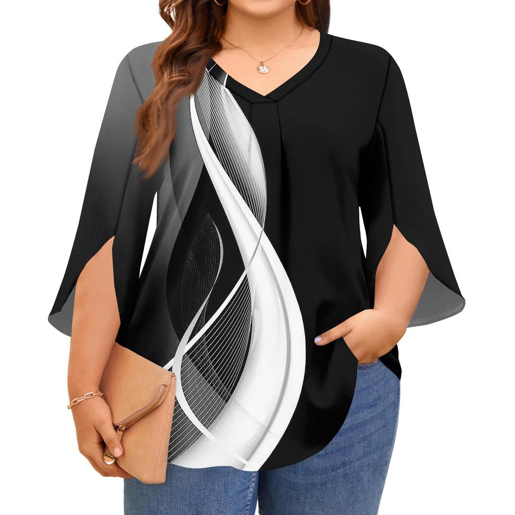 Женские топы с принтом, V-образным вырезом, больших размеров, с рукавами 3/4, элегантные рубашки