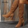 Retro Knee High Suede Riding Boots Women  Winter Side Zipper High Heels Western Cowboy Boots Warm Plush Leather Shoes Size35