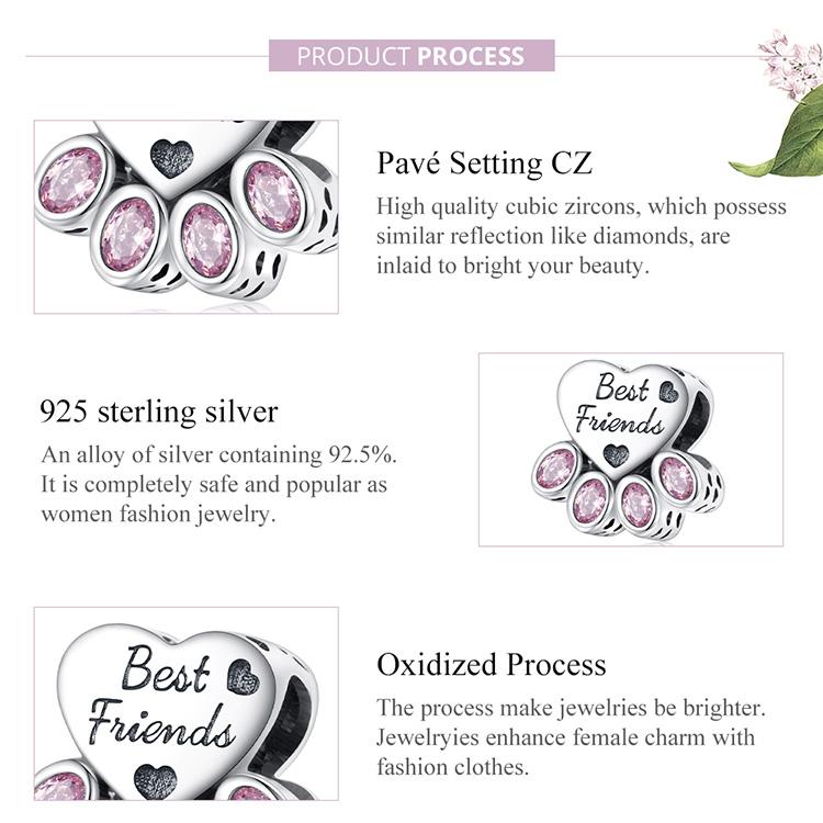 BAMOER из стерлингового серебра 925 пробы, оригинальные розовые овальные циркониевые бусины в форме собачьей лапы для женщин, изящные ювелирные изделия