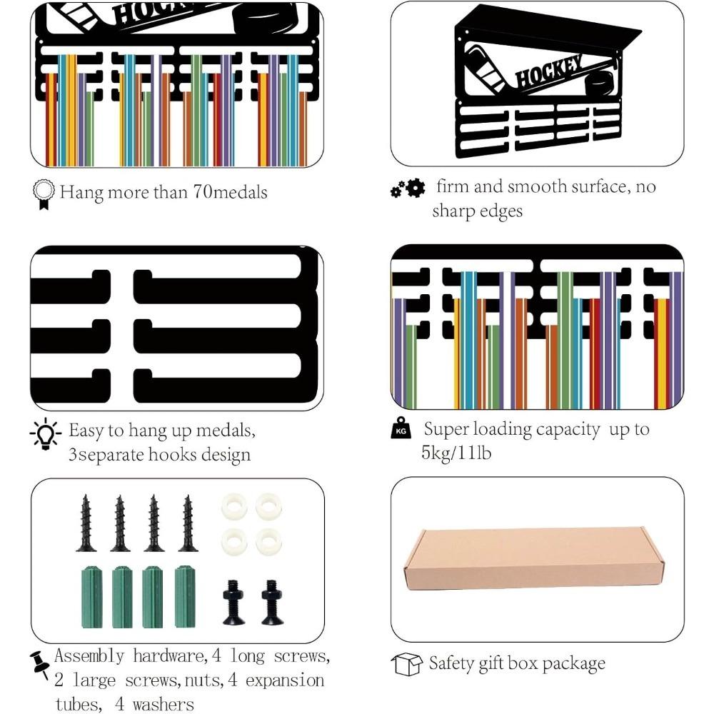 Прочный Настенный Держатель для Хоккейных Медалей с 12 Крючками, Полка-Дисплей для 60+ Наград, Черный Держатель для Спортивных Медалей, 15,7x8x4 Дюйма