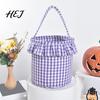 Trick or Treat Baskets Halloween Basket, Plaid Ruffle Candy Bucket with Handle Pumpkin Ghost Pattern Totes for Kids, Reusable Gingham Fabric
