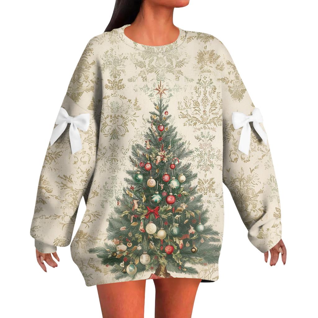 Ladies' Christmas Printed Bow Round Neck Long Sleeved Loose Pullover Sweater Sweatshirt Top