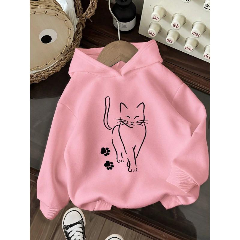 Autumn Winter Fleece Warm Soft Children Hooded Sweatshirt Kids Casual Sketch Style Hoodie Elegant Cat Paw Graphic Pullover
