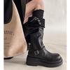 Women's Platform Motorcycle Boots Buckle Strap Thick-soled Boots Feamle New Black PU Leather Western Knight Botas Mujer