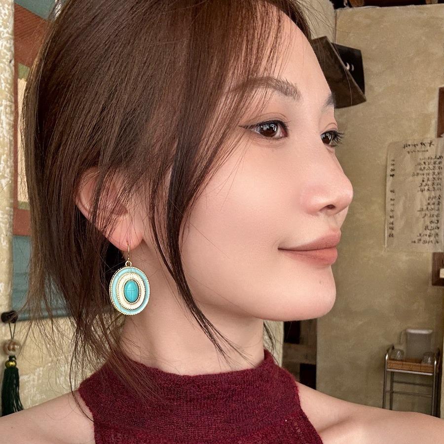 Французские ретро овальные серьги и ожерелье из бирюзовой эмали с натуральным камнем