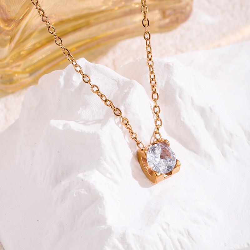 Elegant Gold Titanium Steel Zircon Pendant Necklace for Women - Simple, Shiny, No-Fade Clavicle Chain