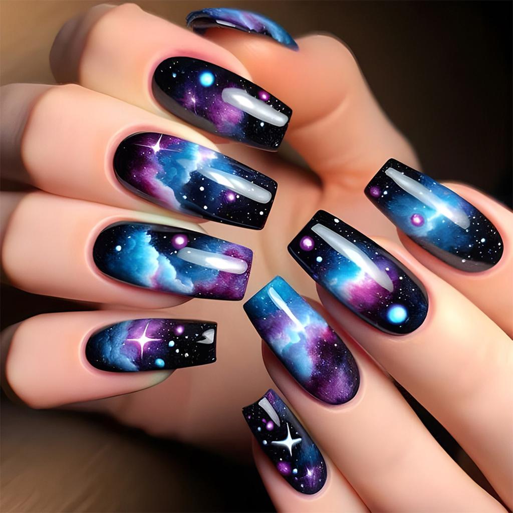 24 шт. Star Cloud Press On Nail Square False Nail Style Acrylic Nail Glossy Full Cover Stick on Nail for Woman