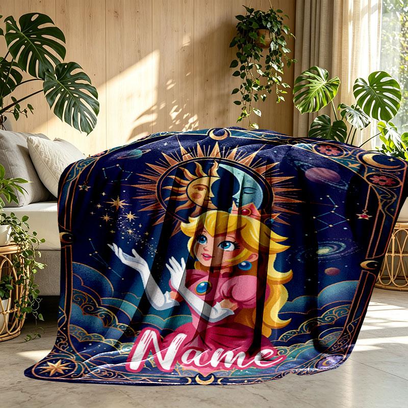 Custom Name Personalized Princess Peach Toadstool Print Blanket, Home Decor, Bedroom, Sofa, Camping, Couch, Gifts for Birthday Christmas