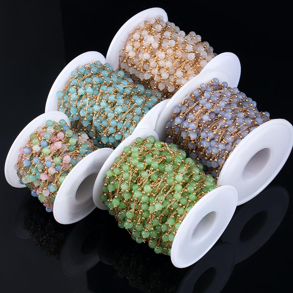 1M Fashion Glass Ball Flat Beads Stainless Steel Beaded Chain Gold Color Chains for DIY Women Necklace Bracelet Jewelry Findings