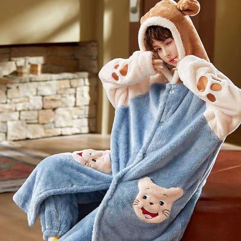 Пижама женская осень/зима фланелевая флисовая плотная ночная рубашка длинная милая коралловая флисовая домашняя одежда комплект можно носить на улице удобно