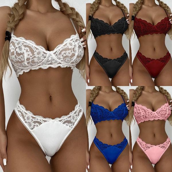 Women Two Piece V-Neck Lingerie Set Sexy Lace Spaghetti Strap Bra Top and G String Underwear Casual Briefs Pajamas Suit Panties Solid Colors