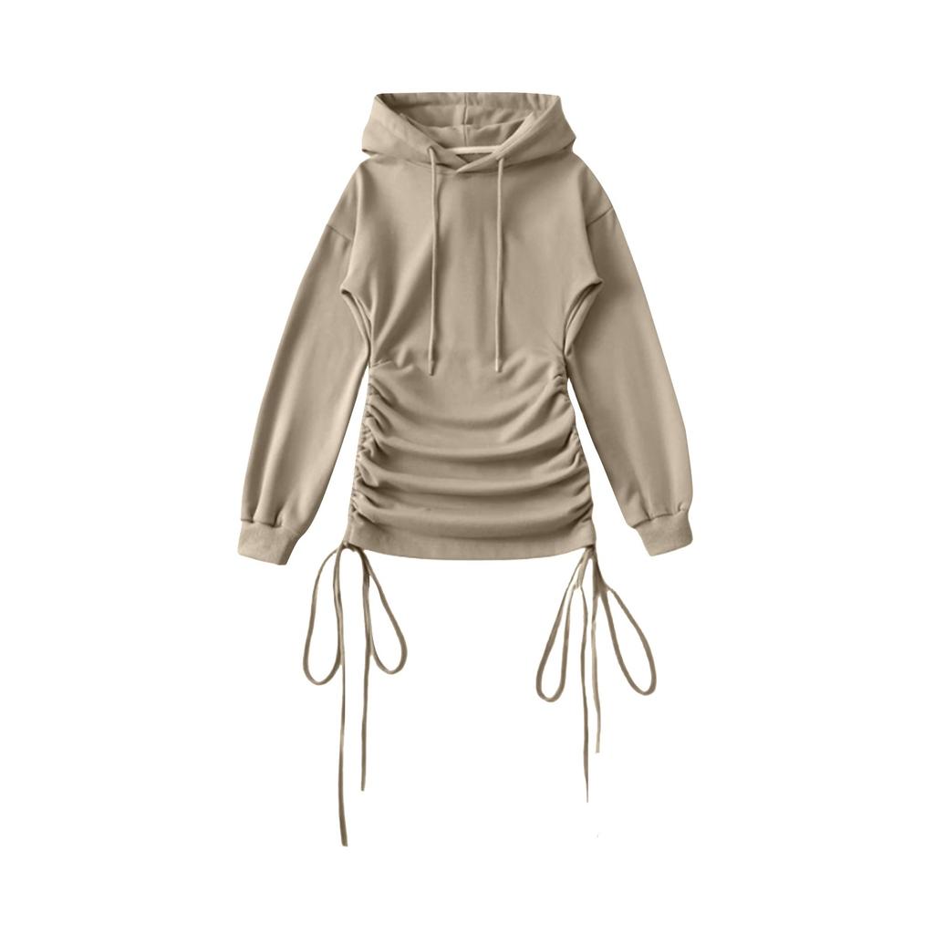 Женское платье-толстовка с капюшоном и завязками по бокам, повседневное однотонное платье-туника с длинным рукавом