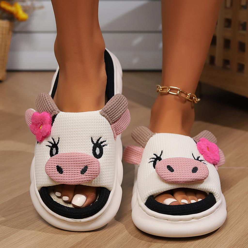 2024 Всесезонные дизайнерские тапочки с милым мультфильмом, милая корова, слон, хлопковая домашняя обувь для спальни, домашняя обувь на толстой подошве, пары, мужчины, женщины