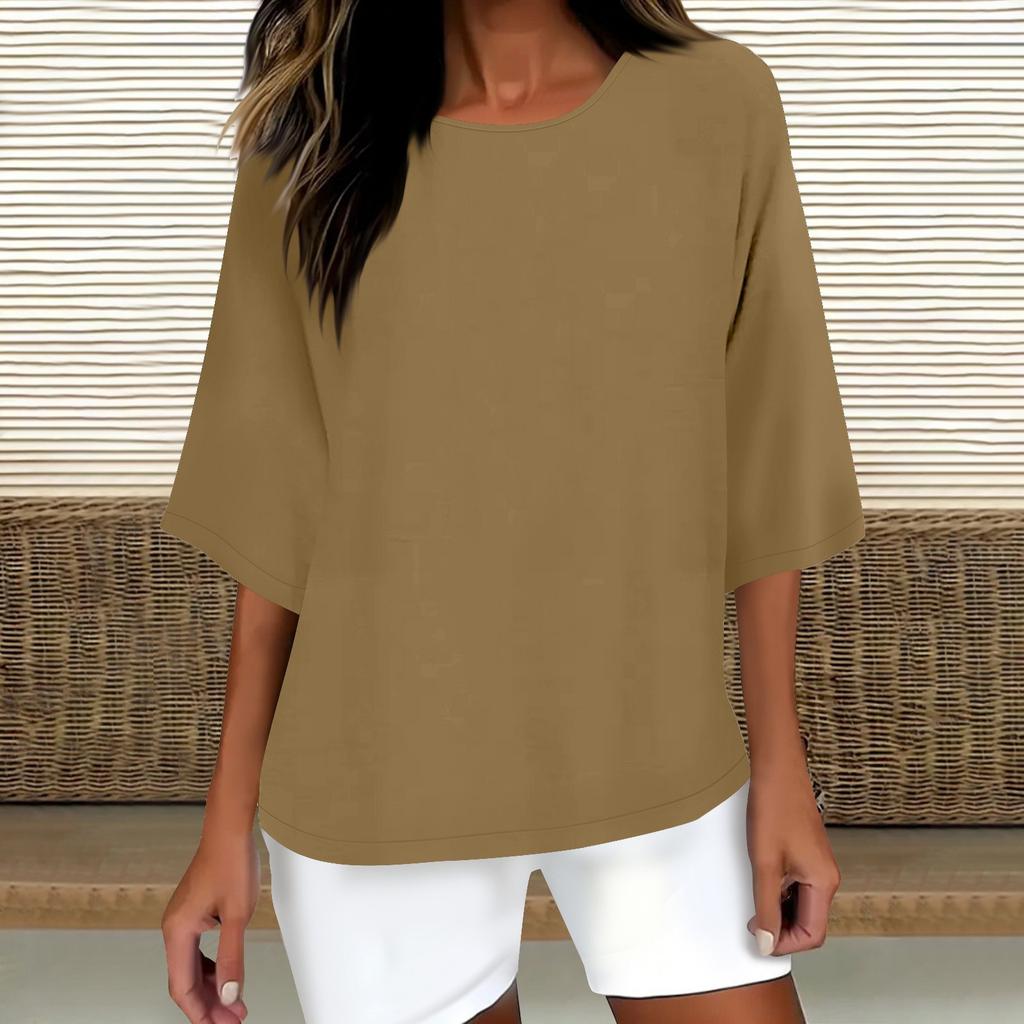 Женская модная однотонная повседневная футболка с рукавом семь восьмых и круглым вырезом, хлопковый топ