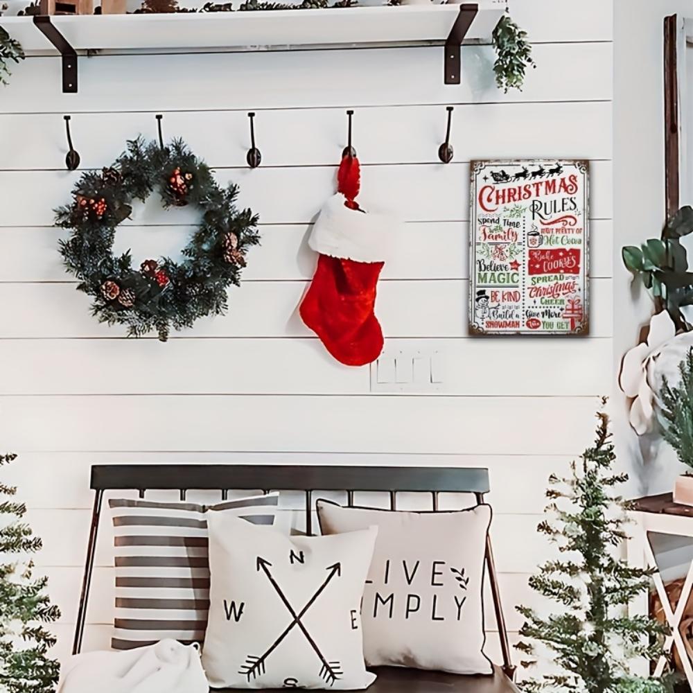 INEED Christmas Rules Metal Sign Wrought Iron Wall Art Decor with Pre-drilled Holes, Humorous Holiday Home and Bar Wall Decor