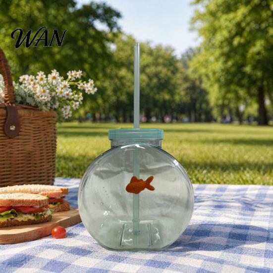 Orange Fish Straw Cup Bowl Bottle with Straw, Plastic Fishbowl Tumblers Lids, Unbreakable Ornament Cups Spill Resistant for Drinks Summer Drink,