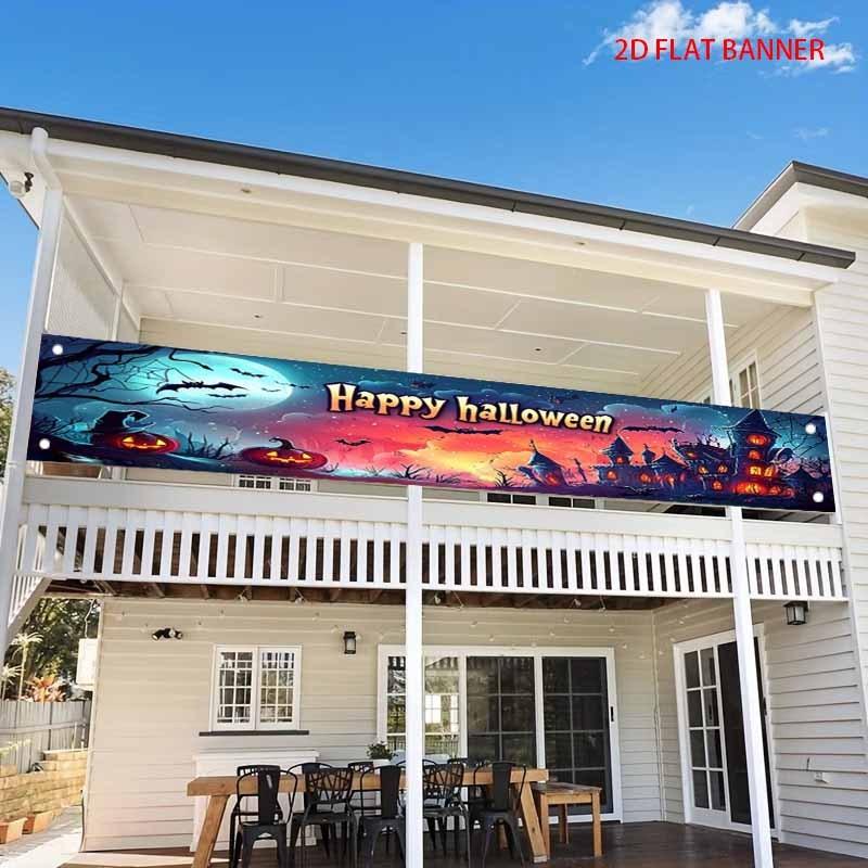 Halloween Fence Banner, Haunted Castle with Flying Bats and Glowing Jack-O-Lantern Path, Outdoor Decor