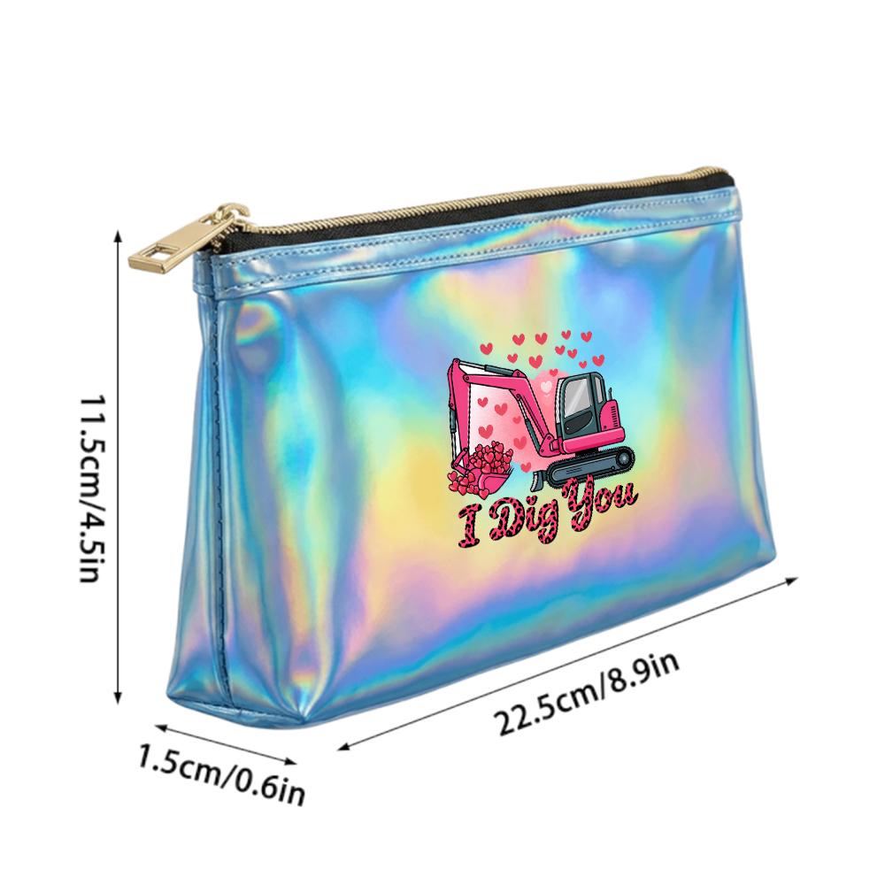 Pink Excavator and Hearts Print Laser Cosmetic Makeup Bag, Shiny Reflective Toiletry Pouch Organizer for Travel Daily Storage Gift for Her