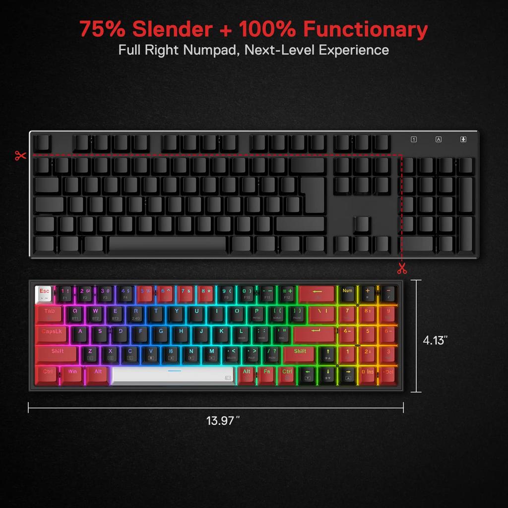 Redragon K628 Pro 3 Modes Wireless RGB Gaming 78 Hot Swappable Compact Mechanical Keyboard Swap Free Mod PCB Dedicated Arrow Keys Number Red Switch