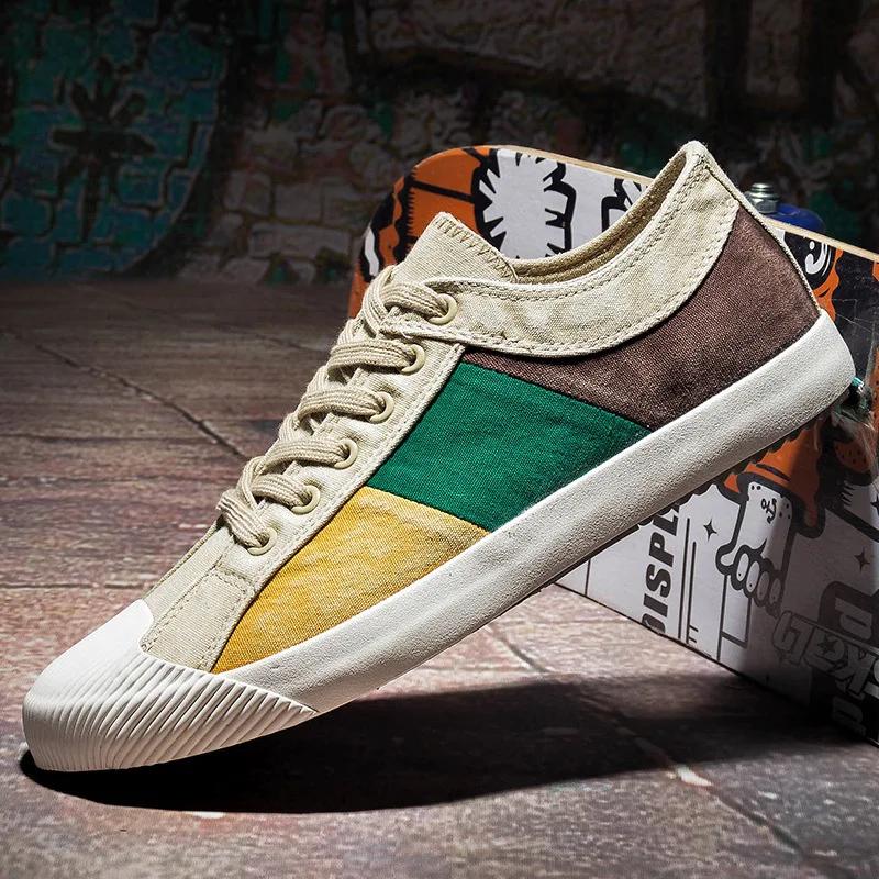 Мужская парусиновая обувь с цветными блоками, дышащая повседневная обувь, лоферы, мягкие удобные уличные туфли на плоской подошве, мужские плимсоллы на шнуровке