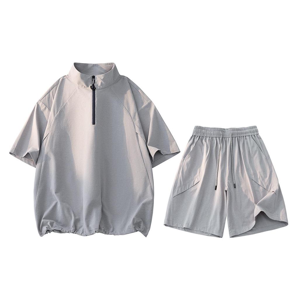 Plus Size Ice Silk Quick-Dry Outdoor Sports Set: Short Sleeve Half-Zip T-Shirt & Breathable Shorts