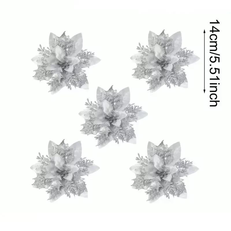 10pcs Christmas Glitter Flowers Fake Flower Christmas Tree Decorations for Home 2025 Tree Pendant Ornaments Navidad