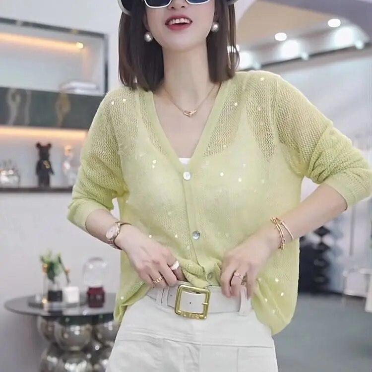 Вязаный свитер с полым V-образным вырезом и ленивыми пайетками, свободный и тонкий летний защитный чехол для кондиционирования воздуха, длинные рукава.