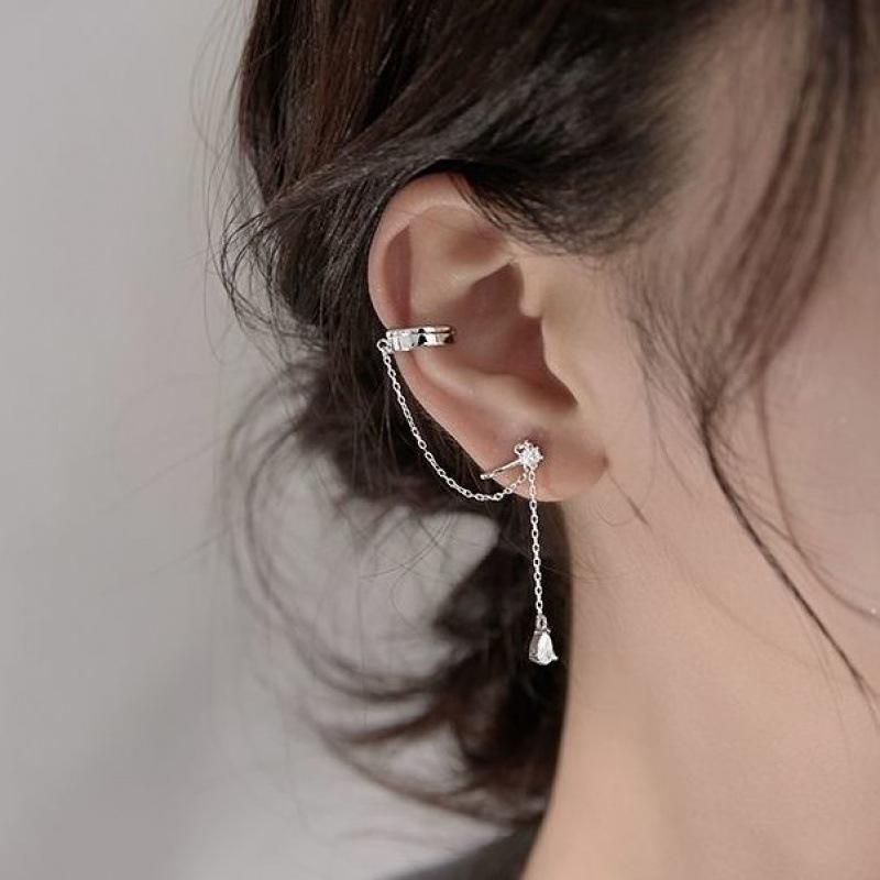 Fashion Simple Sliver Color Long Chain Tassel Ear Clip Earrings for Women Girls Without Piercing Ear Cuff Earrings Zircon Party