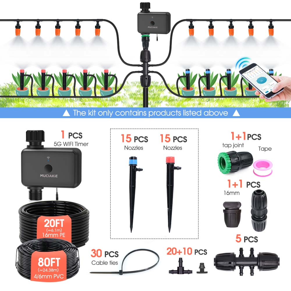 20FT 1/2" Hose 5G Dual Frequency Garden Irrigation Timer Kit 1/4" Adjustable Sprinkler Remote Control Automatic Watering System