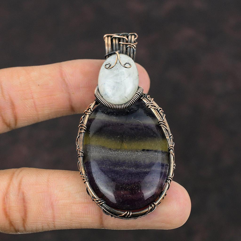 Multi Fluorite Pendant Copper Wire Wrapped Pendant Rainbow Moonstone Copper Jewelry Handmade Gemstone Jewelry Gift For Mom Wire Wrap Jewelry