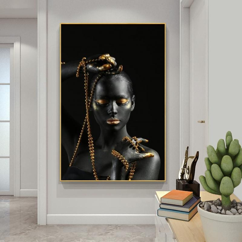 Африканская черная женщина с золотыми украшениями, холст, картины на стене, художественные постеры и принты, девушки, боди-арт, фотографии, настенный декор