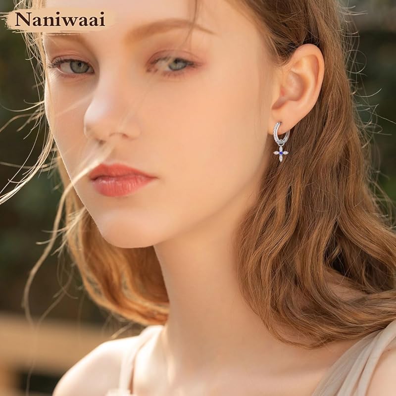 Naniwaai Earrings Ladies December Birthstone Hoop Sway 2Way Flower Woman Silver Compatible with Metal Allergies Cross Adult Accessories Present
